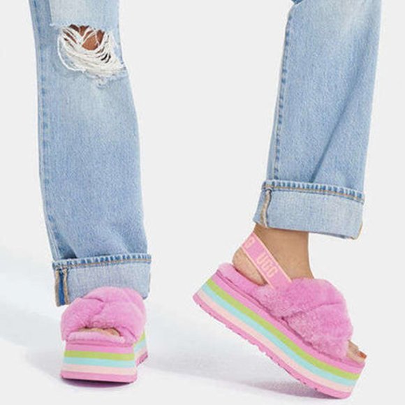 UGG Disco Knot Slides Platforms Sandals Sheepskin Wildflower Size 9 NEW - Picture 1 of 7